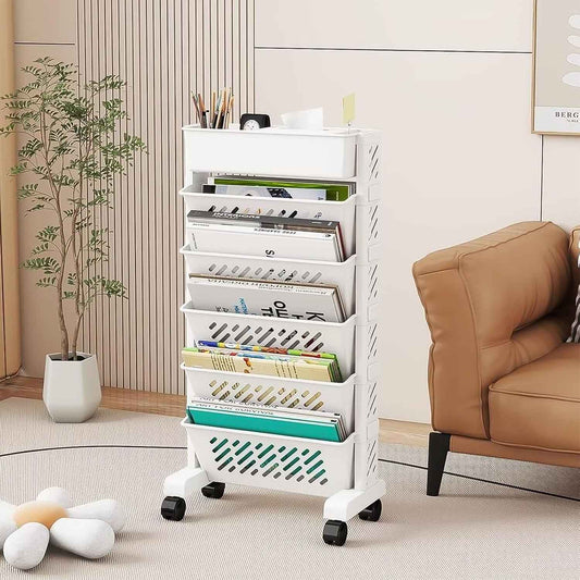 Movable Bookshelf Large Capacity Rotatable Plastic Rolling Organization Shelf Rack