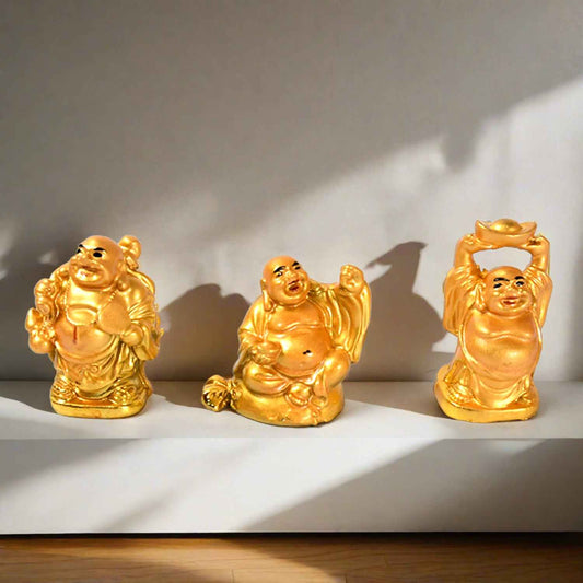 Golden Laughing Buddha Set Of Six Pieces Statue For Happiness Wealth Good Luck Decor For Wealth And Success (6 Pcs Set)