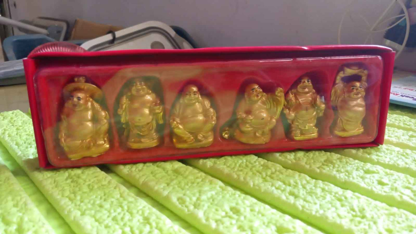 Golden Laughing Buddha Set Of Six Pieces Statue For Happiness Wealth Good Luck Decor For Wealth And Success (6 Pcs Set)